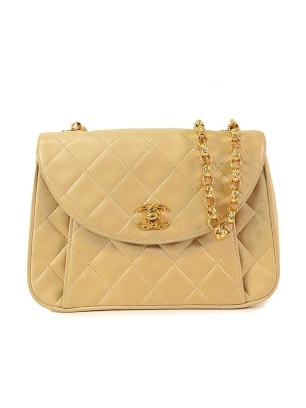 Chanel Quilted Shoulder Bag Beige Gold Lambskin Vintage